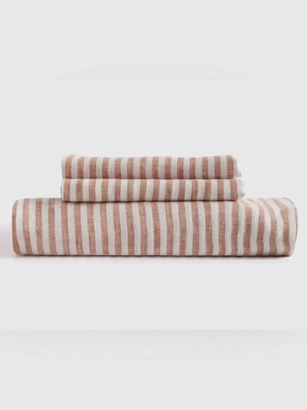 NWOT Quince European Linen 3 Pc Stripe Fitted Sheet Set, Queen -Terracotta/White